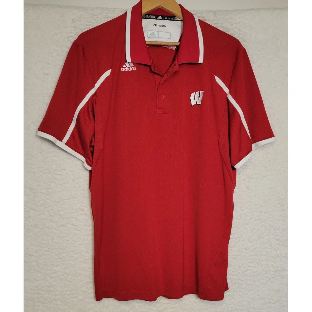 Adidas Climalite Wisconsin Badgers Mens XL Embroidered Red Collared T-Shirt 1030